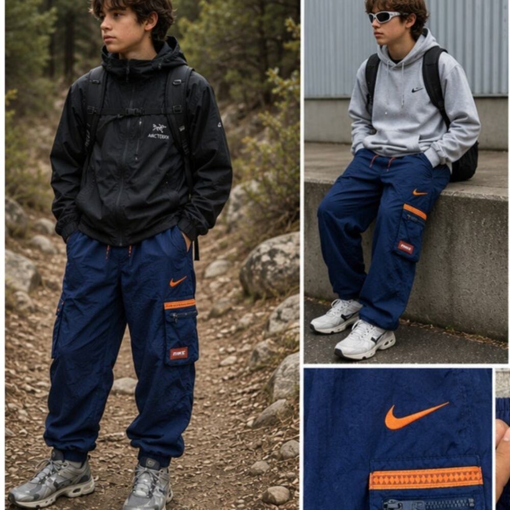 Vintage Nike Youth Cargo Track Pants Navy Orange Y2K Joggers Boys XL